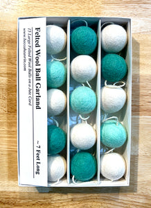 Felted Wool Ball Garland - Turquoise & White - 7 Foot