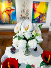 Load image into Gallery viewer, Calla Lilies and Hydrangeas - Felted and Handmade Flowers in a Vase