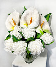 Load image into Gallery viewer, Calla Lilies and Hydrangeas - Felted and Handmade Flowers in a Vase