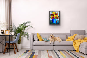 Sunflowers in a Blue Vase (18" X 24") in a Black Frame