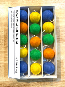 Felted Wool Ball Garland - Blue, Green, Yellow and Orange - 7 Foot