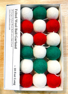 Felted Wool Ball Garland - Red, Green and White - 10 Foot