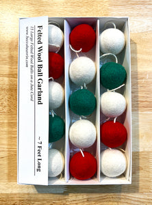 Felted Wool Ball Garland - Red, Green and White - 7 Foot