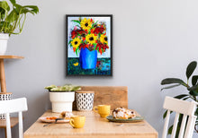 Load image into Gallery viewer, Sunflowers in a Blue Vase (18&quot; X 24&quot;) in a Black Frame
