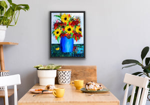 Sunflowers in a Blue Vase (18" X 24") in a Black Frame